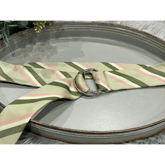 J. Crew D-Ring Ribbon Belt Pink Green Tan Striped Vintage Tie Belt 45" - Picture 2 of 4